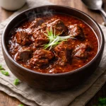 A delicious bowl of ultimate Texas Red Chili topped with fresh herbs.