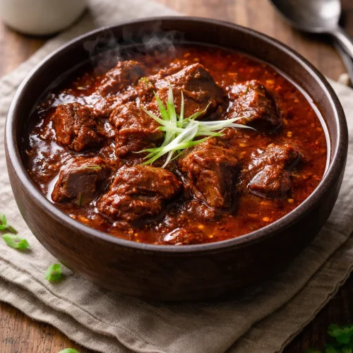 A delicious bowl of ultimate Texas Red Chili topped with fresh herbs.