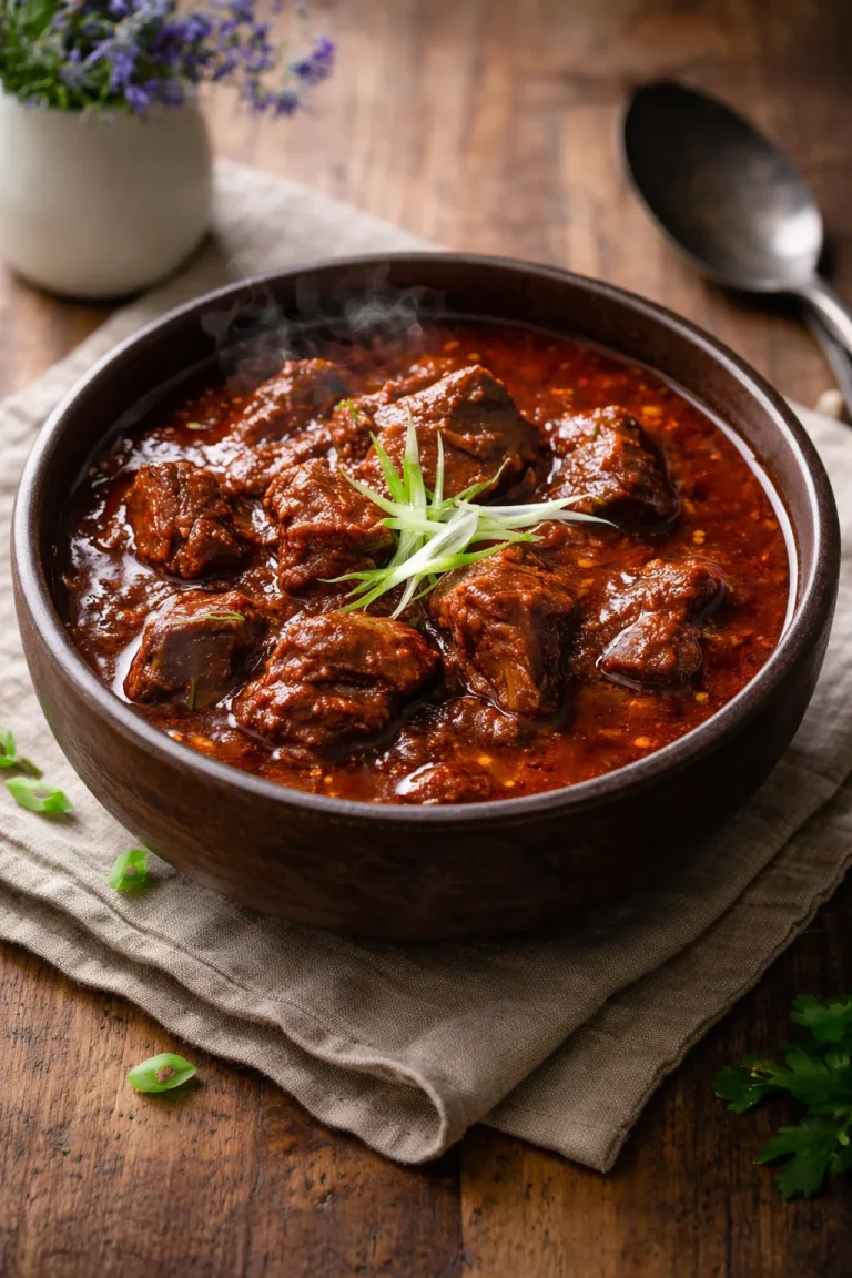A delicious bowl of ultimate Texas Red Chili topped with fresh herbs.