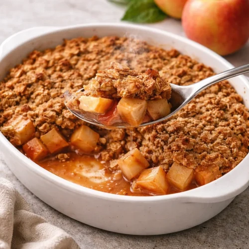 Delicious vegan apple crisp topped with oats and spices in a baking dish