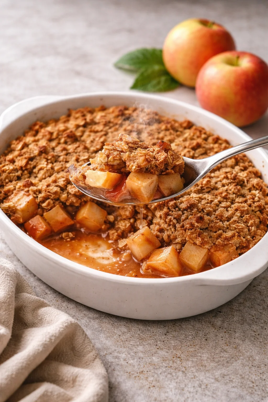 Delicious vegan apple crisp topped with oats and spices in a baking dish