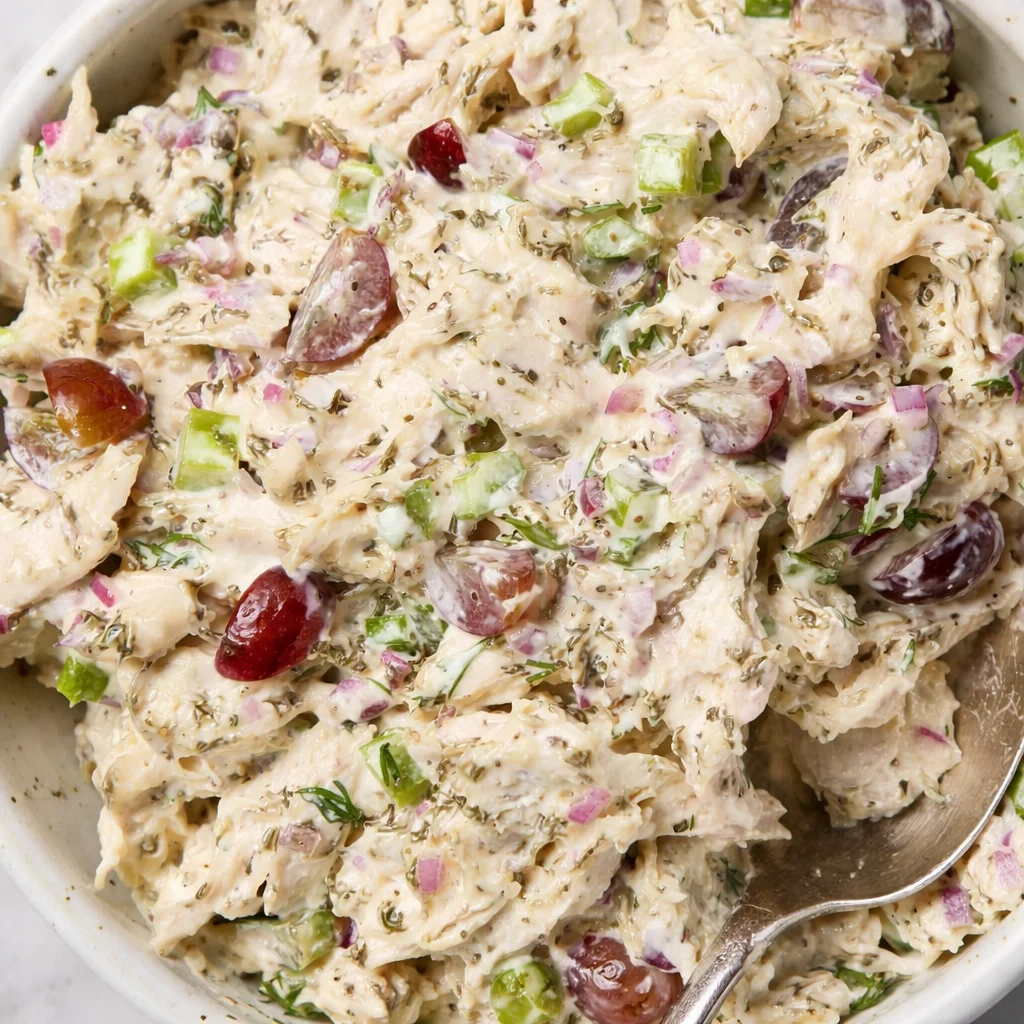 Delicious simple chicken salad recipe with mayo served in a bowl with fresh ingredients.