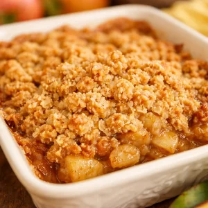 Delicious and easy apple crisp topped with cinnamon, served warm with ice cream.