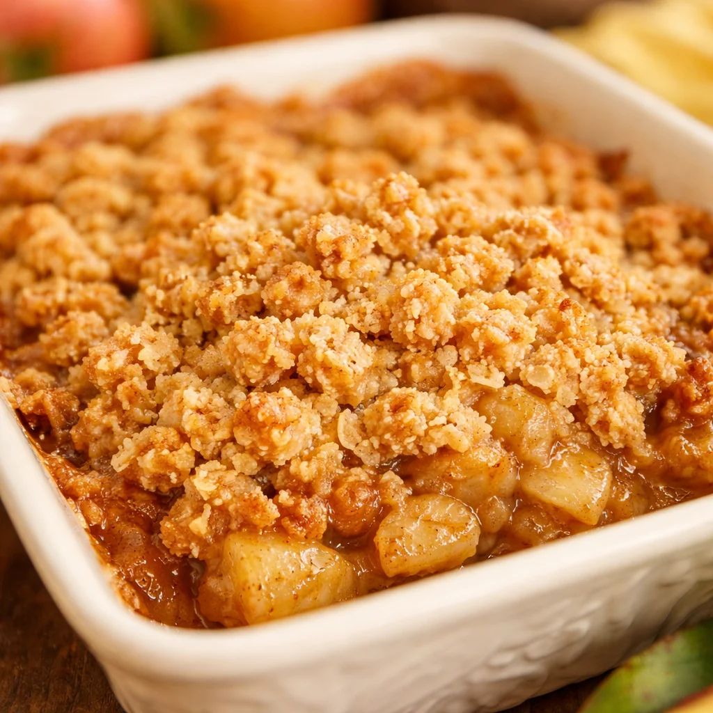 Delicious and easy apple crisp topped with cinnamon, served warm with ice cream.