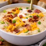 Creamy potato soup recipe served in a bowl with garnishes on top. Easy and comforting.
