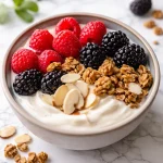 Delicious healthy yogurt bowl topped with fresh fruits and granola