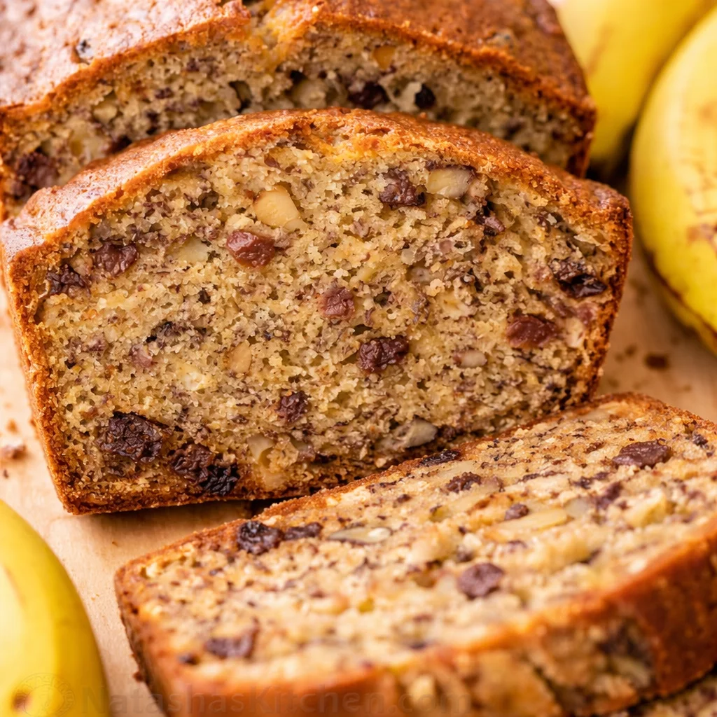 A slice of moist banana bread with bananas and walnuts on a wooden table.