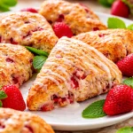 Freshly baked strawberry scones topped with a sweet vanilla glaze.