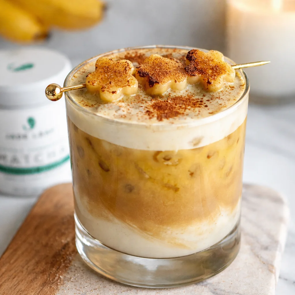 Delicious Banana Bread Latte topped with caramelized bananas and cold foam.