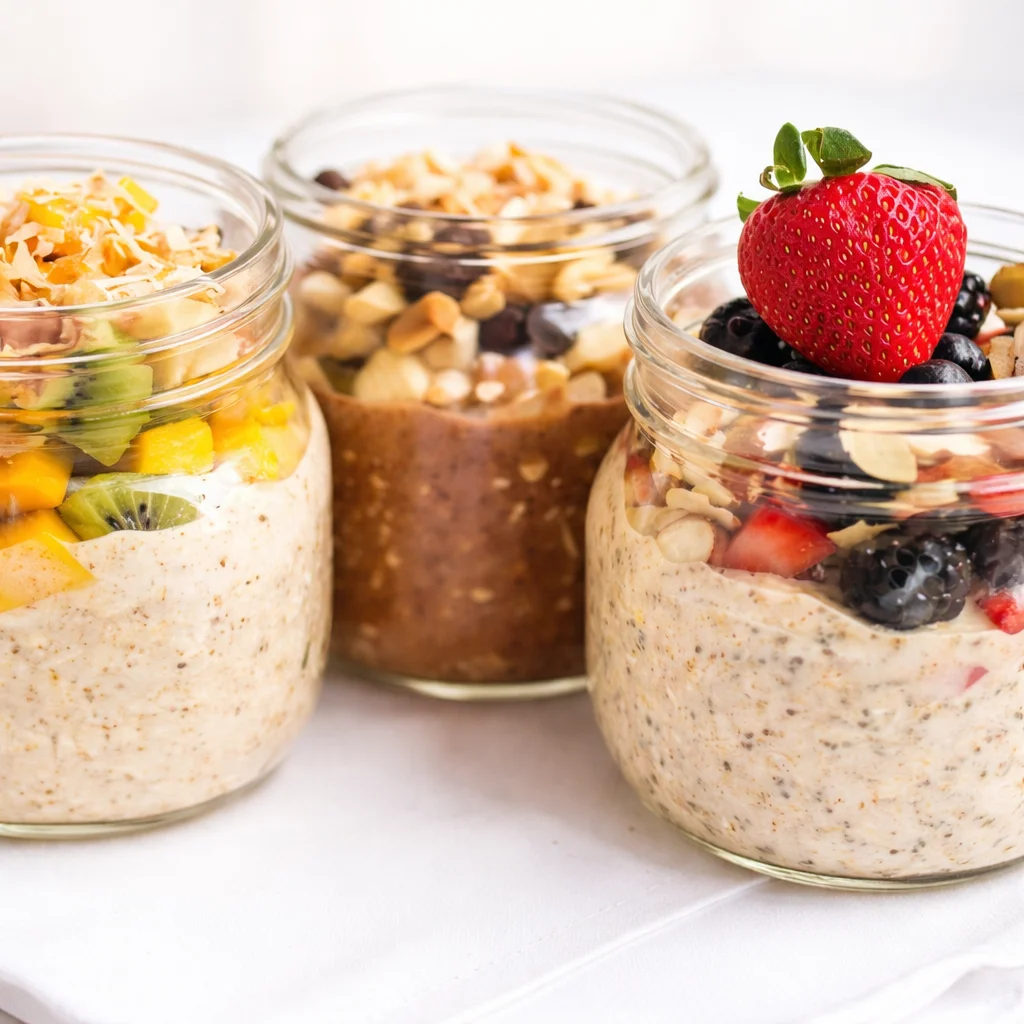 Bowl of easy overnight oats with various toppings and flavors for healthy breakfast.