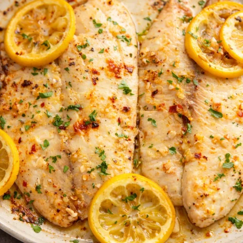 Baked tilapia fillets with lemon and garlic for a quick dinner option.