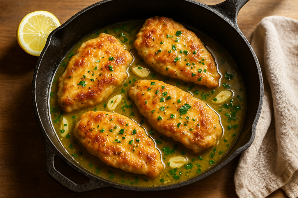 Four golden chicken cutlets in lemon garlic butter sauce in a cast iron skillet