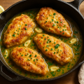 Four golden chicken cutlets in lemon garlic butter sauce in a cast iron skillet