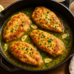 Four golden chicken cutlets in lemon garlic butter sauce in a cast iron skillet