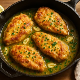 Four golden chicken cutlets in lemon garlic butter sauce in a cast iron skillet