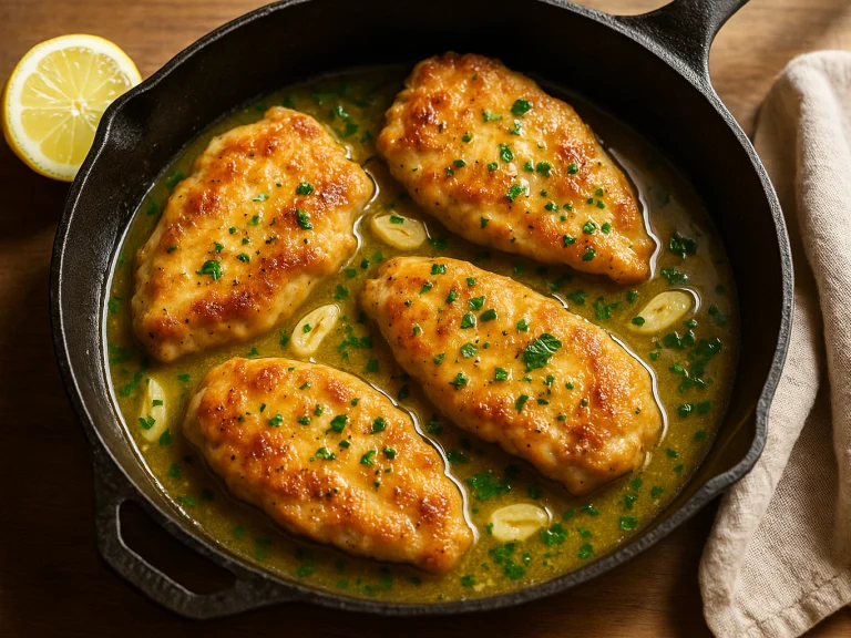 Four golden chicken cutlets in lemon garlic butter sauce in a cast iron skillet