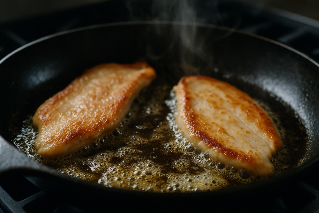 Thin chicken cutlets searing with space between them in a hot buttered skillet