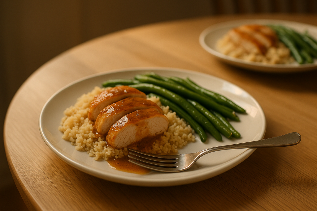 Sliced chicken cutlet served over couscous with green beans and pan sauce