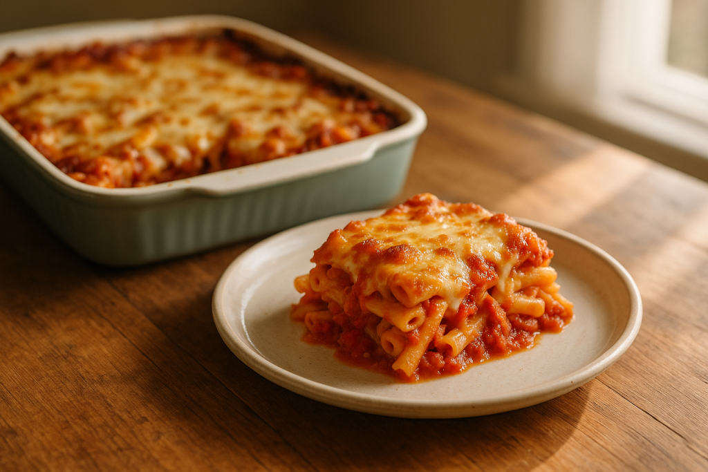 Baked ziti in a rectangular dish with browned cheese and one serving removed