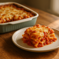 Baked ziti in a rectangular dish with browned cheese and one serving removed