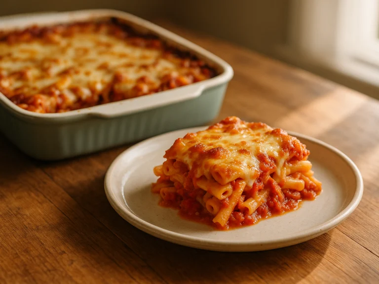 Baked ziti in a rectangular dish with browned cheese and one serving removed