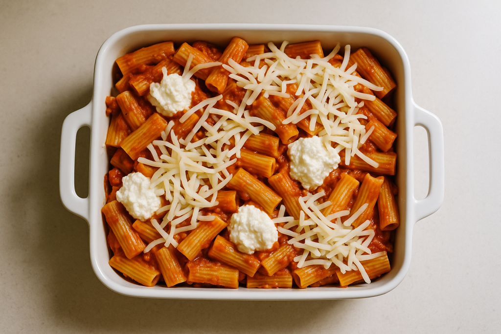 Unbaked ziti in a dish with ricotta dollops and shredded mozzarella on top