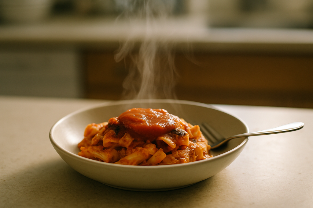 Reheated portion of baked ziti in a bowl with extra sauce spooned over