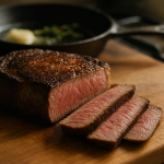 Sliced pan-seared steak with a dark crust on a wooden cutting board