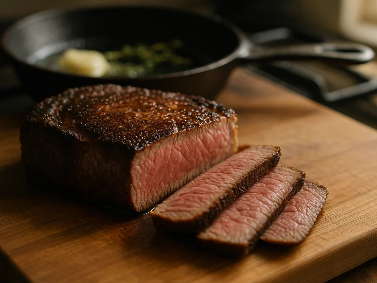 Sliced pan-seared steak with a dark crust on a wooden cutting board