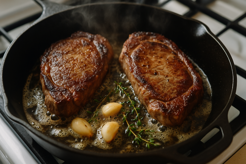 Two steaks searing in a cast iron skillet with foaming butter, garlic and thyme
