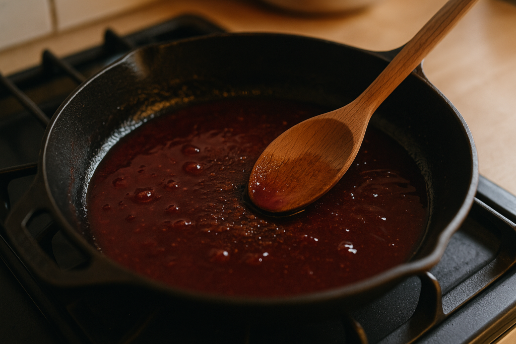Pan sauce reducing in a cast iron skillet with a wooden spoon scraping the bottom