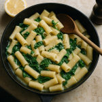 Skillet of penne in a glossy creamy garlic sauce with spinach and grated cheese
