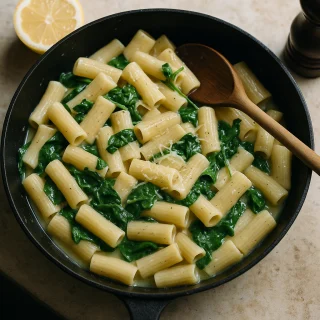 Skillet of penne in a glossy creamy garlic sauce with spinach and grated cheese