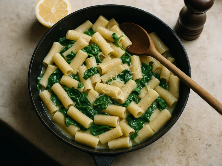 Skillet of penne in a glossy creamy garlic sauce with spinach and grated cheese