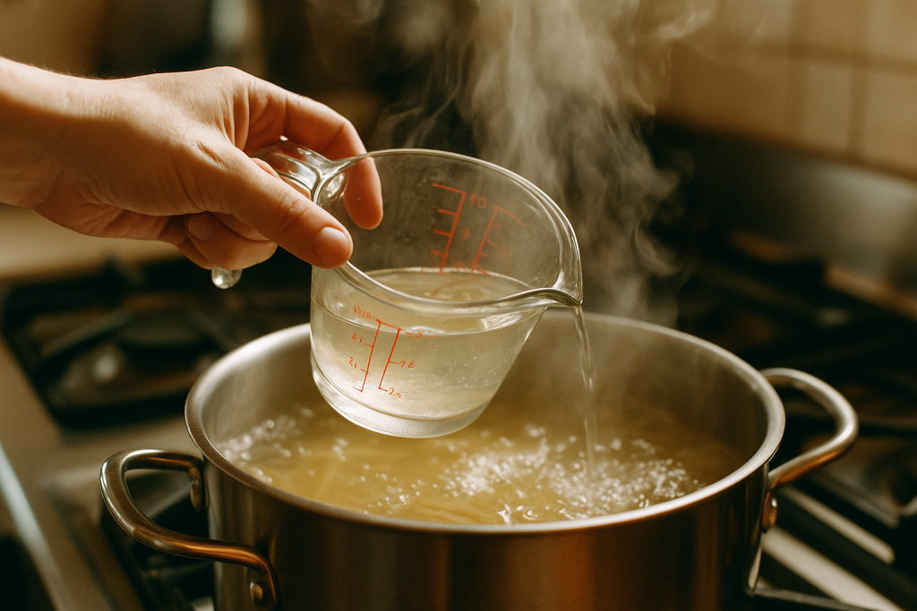 Measuring cup scooping starchy water from a pot of boiling pasta
