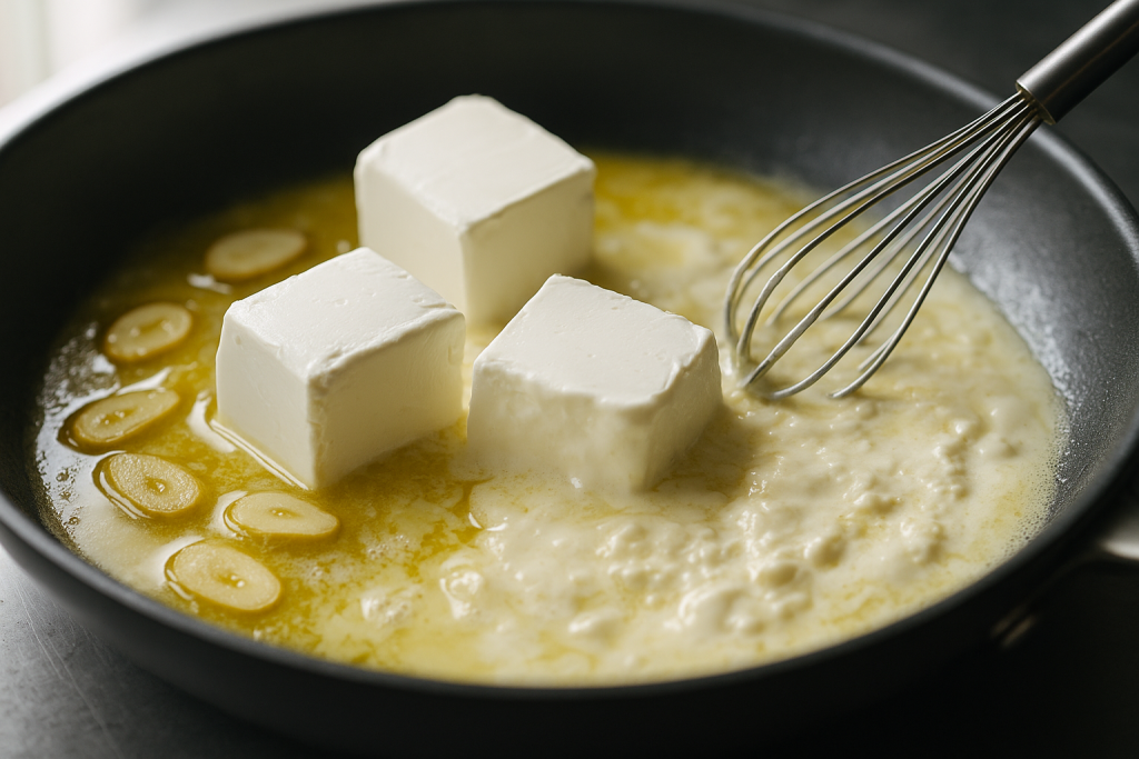 Cream cheese cubes melting with sliced garlic in a skillet, being whisked smooth