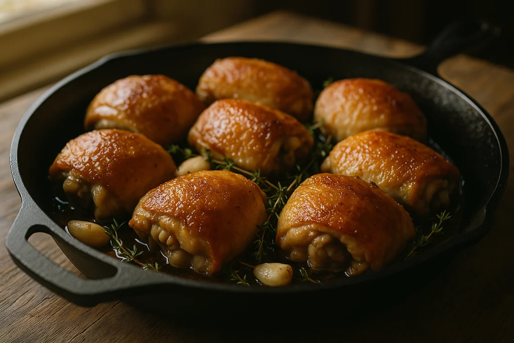 Golden crispy chicken thighs resting skin-side up in a black cast iron skillet