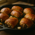 Golden crispy chicken thighs resting skin-side up in a black cast iron skillet