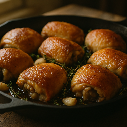 Golden crispy chicken thighs resting skin-side up in a black cast iron skillet