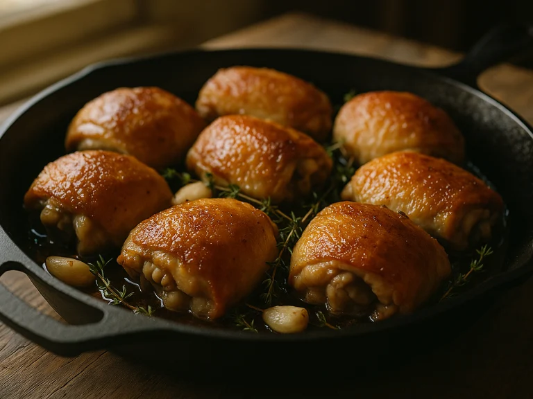Golden crispy chicken thighs resting skin-side up in a black cast iron skillet