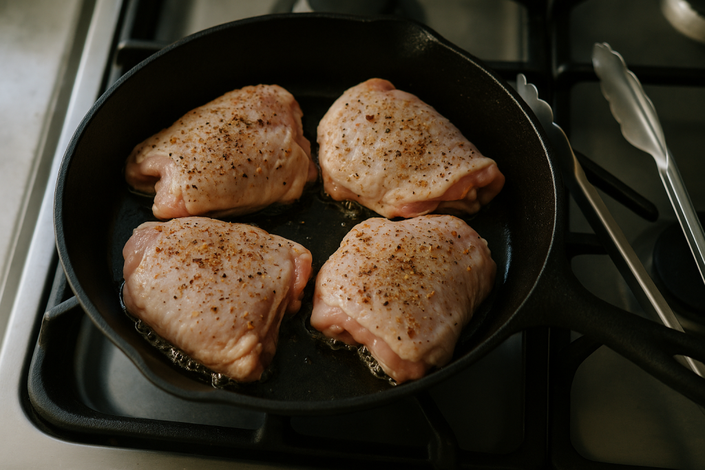 Seasoned chicken thighs laid skin-side down in a cold cast iron skillet on the stove