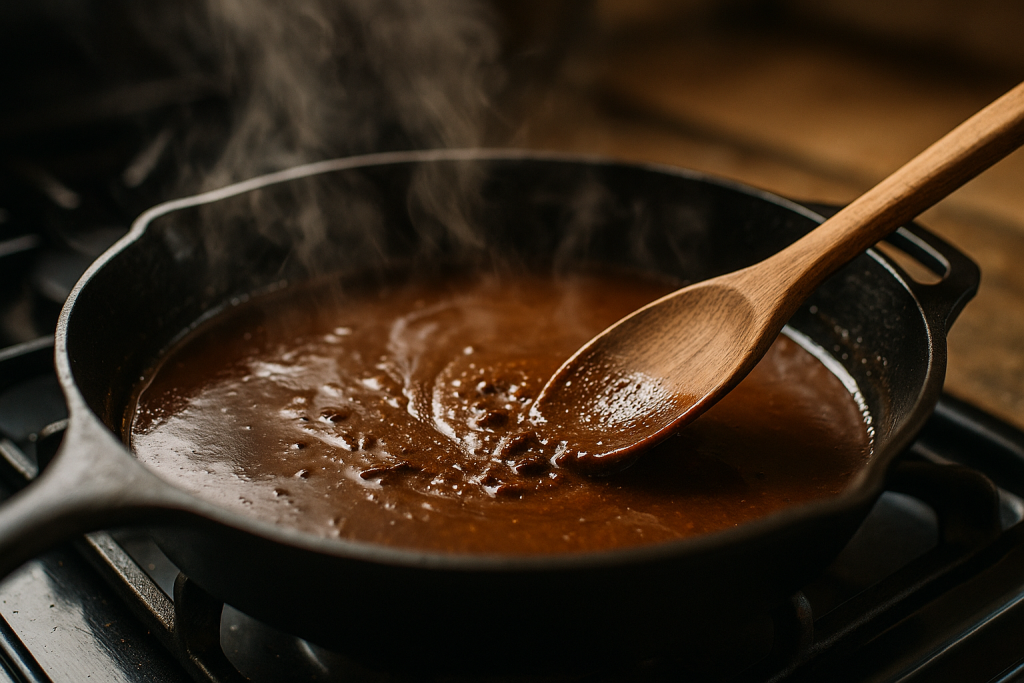 Wooden spoon scraping browned bits into a pan sauce in a cast iron skillet