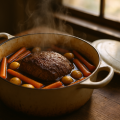 Pot roast with carrots and potatoes in an open Dutch oven, steam rising