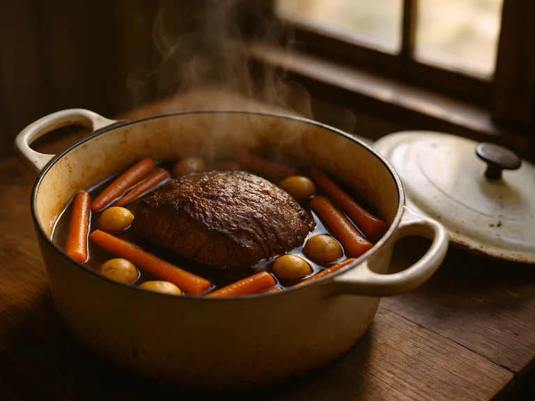 Pot roast with carrots and potatoes in an open Dutch oven, steam rising