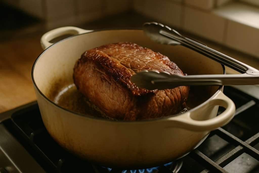 Chuck roast searing in a heavy pot with a deep brown crust forming