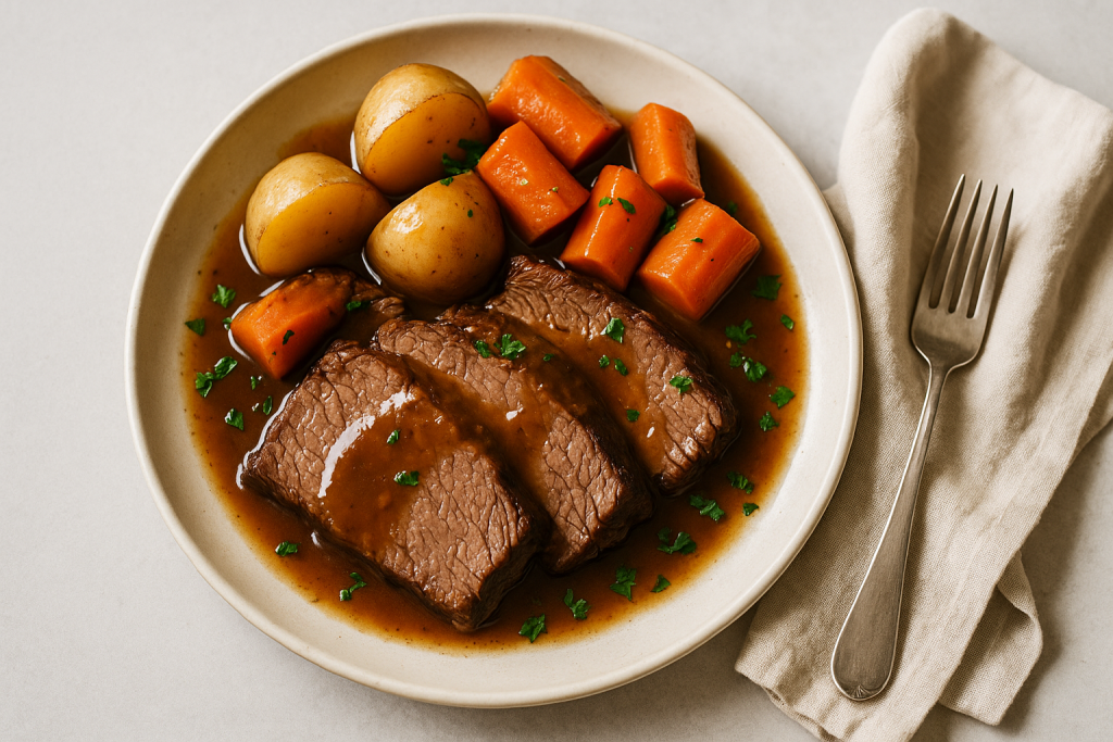 Plated slices of pot roast with carrots, potatoes and brown gravy