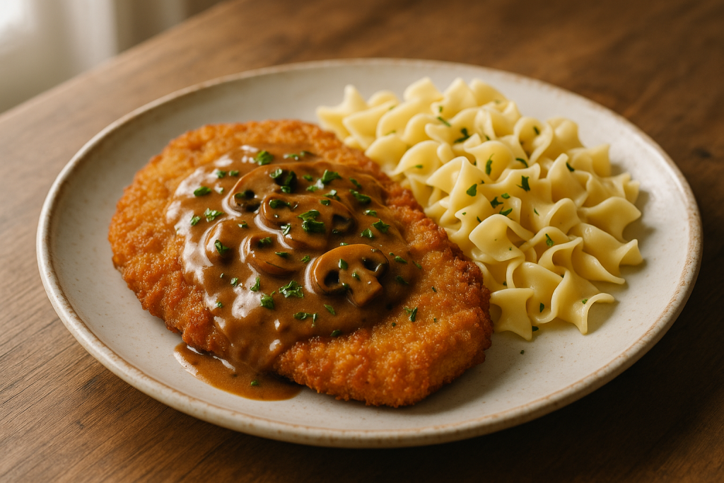 Breaded pork cutlet with mushroom sauce and buttered noodles on a white plate