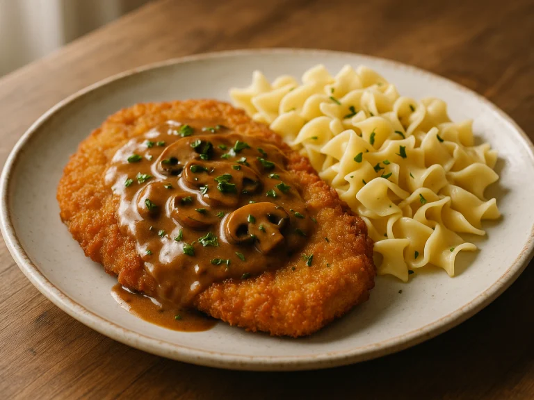 Breaded pork cutlet with mushroom sauce and buttered noodles on a white plate