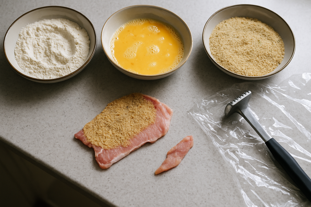 Breading station with flour, egg and breadcrumbs beside a thin pounded pork cutlet