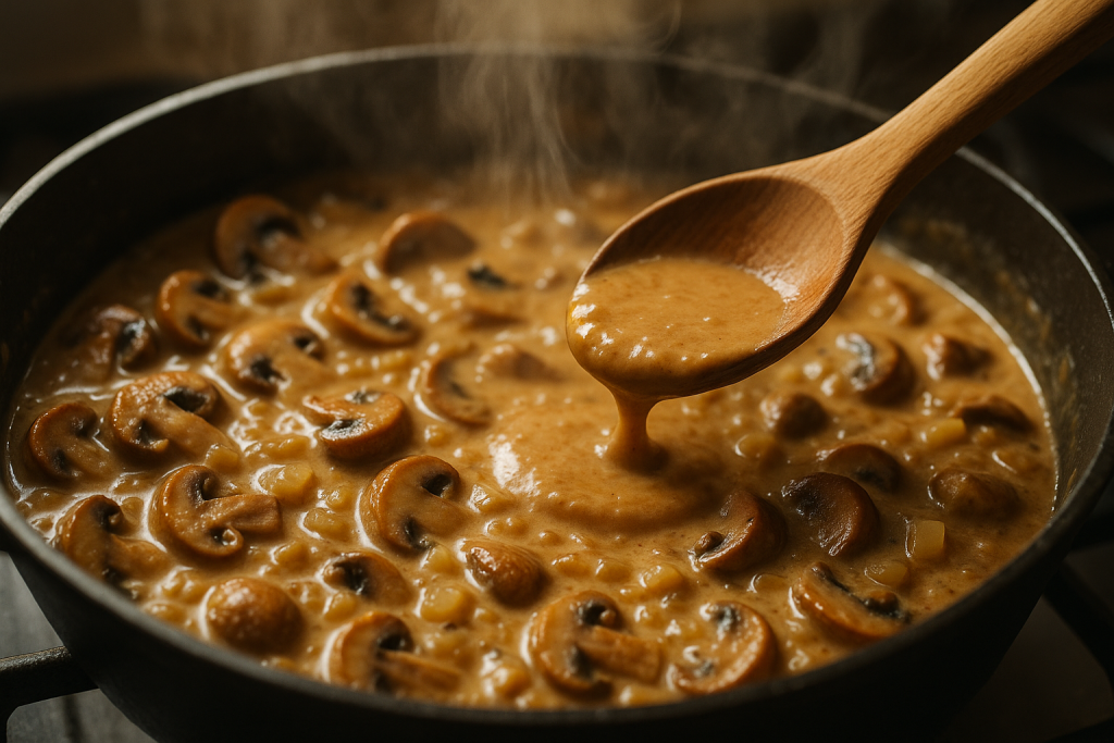 Sliced mushrooms and onion simmering in a thickened brown cream sauce in a skillet